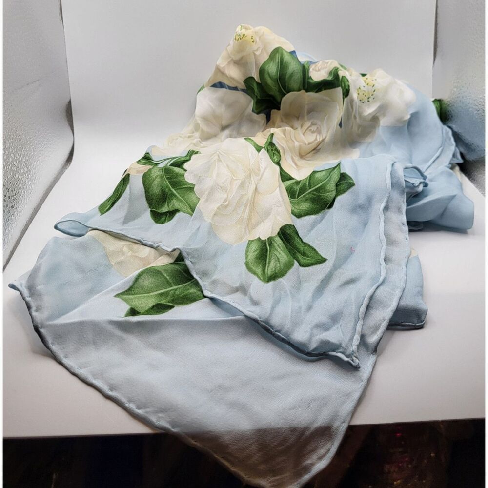 100% Silk Pale Blue Rose Scarf 34in by 34in square - Picture 2 of 5